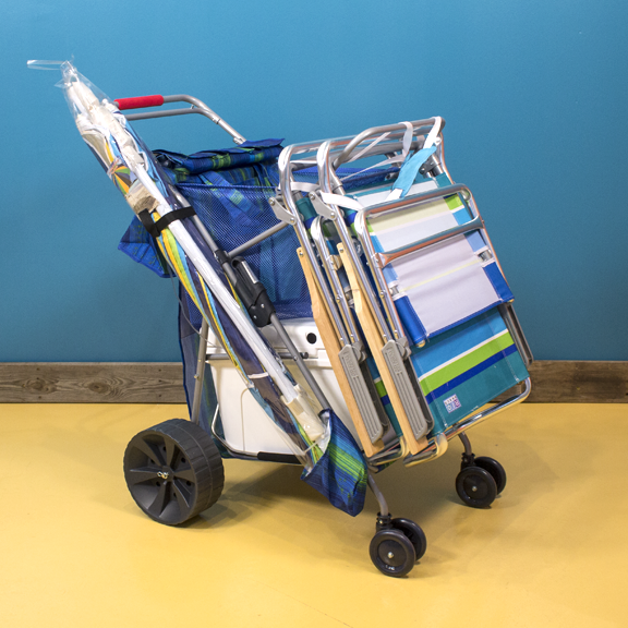 Includes a 28 quart cooler, Two beach chairs and umbrella.  Covers all the beach essentials.  